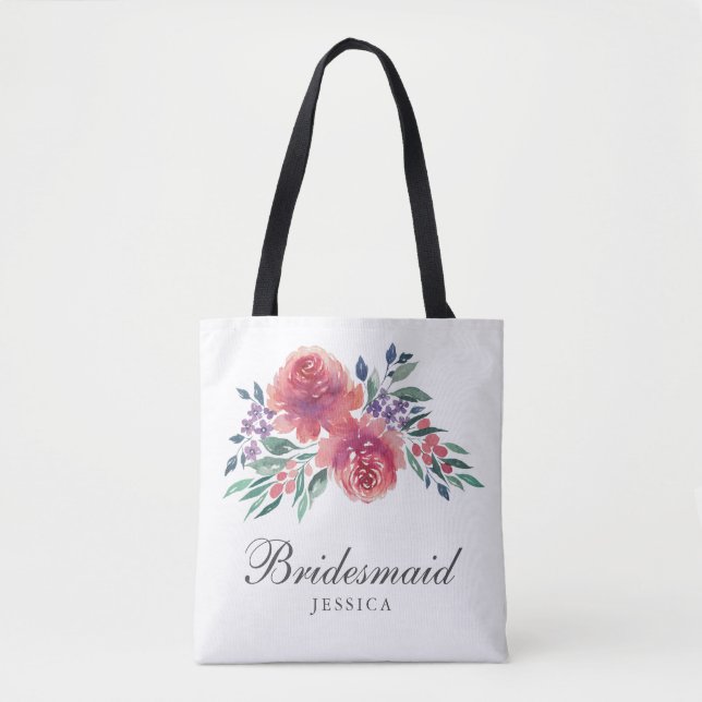 Romantic Watercolor Floral Bridesmaid Tote Bag (Front)