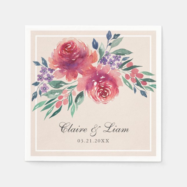 Romantic Watercolor Floral Country Wedding Napkin (Front)
