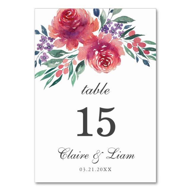 Romantic Watercolor Floral Country Wedding Table Number (Front)