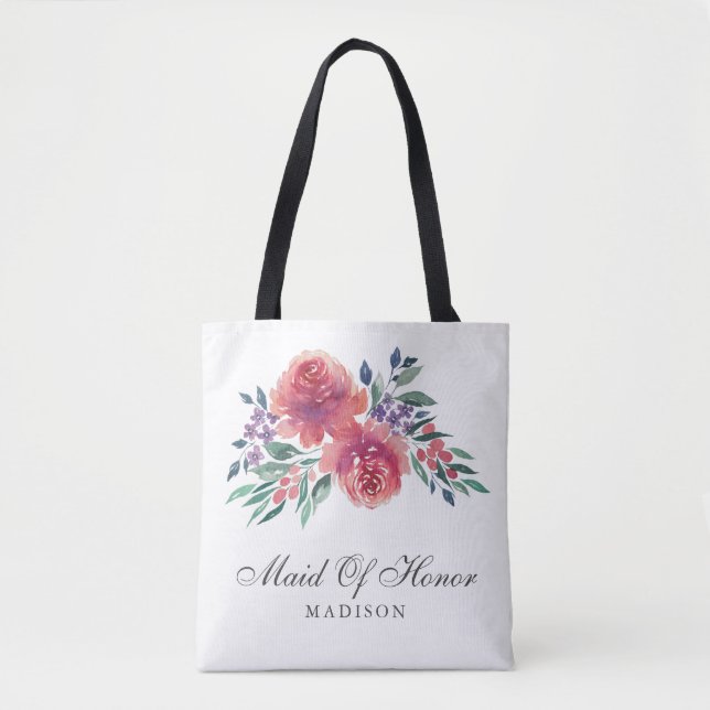 Romantic Watercolor Floral Maid Of Honour Tote Bag (Front)