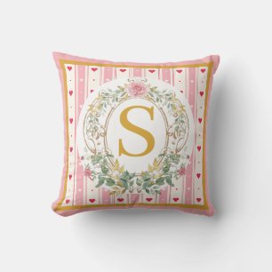 Romantic Watercolor Floral Monogram Custom Initial Cushion