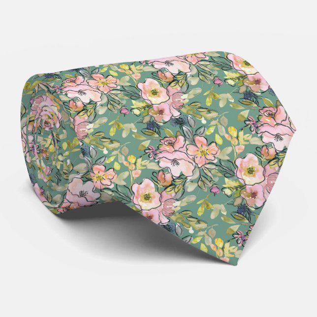 Romantic Watercolor Floral Necktie (Rolled)