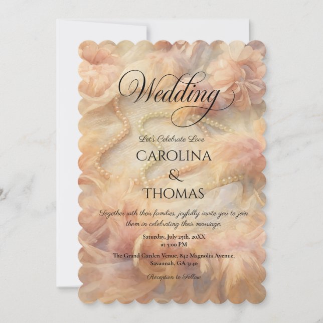 Romantic Watercolor Floral Pearls Feathers Wedding Invitation (Front)