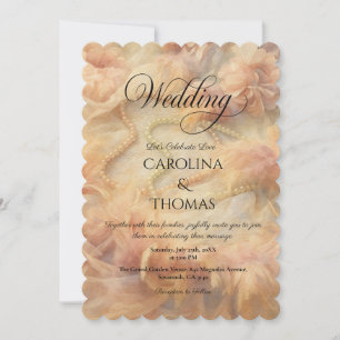 Romantic Watercolor Floral Pearls Feathers Wedding Invitation