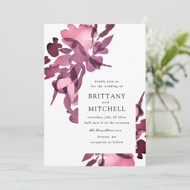 Romantic Watercolor Floral Plum Wedding Invitation (Standing Front)