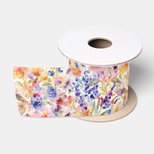 Romantic Watercolor Floral Soft Painterly Garden Satin Ribbon