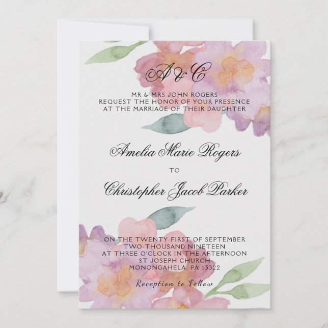 Romantic Watercolor Floral Wedding Invitation (Front)
