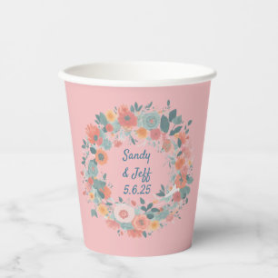 Romantic Watercolor Floral Wedding Wreath Paper Cups