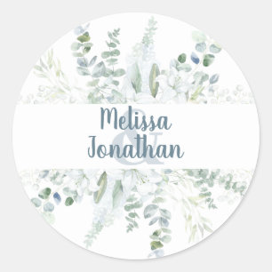 Romantic watercolor floral white flowers wedding classic round sticker