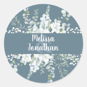 Romantic watercolor floral white flowers wedding classic round sticker