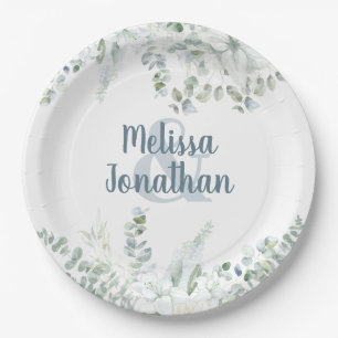 Romantic watercolor floral white flowers wedding  paper plate