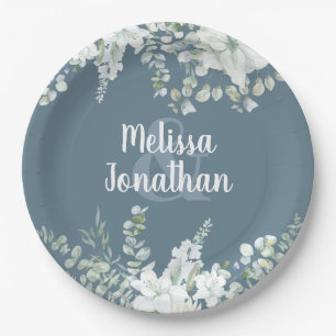Romantic watercolor floral white flowers wedding paper plate