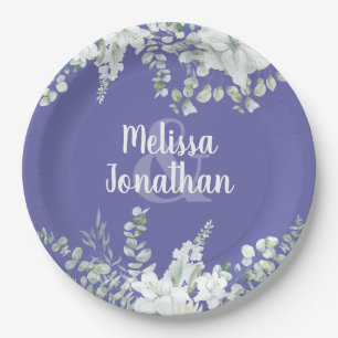 Romantic watercolor floral white flowers wedding paper plate