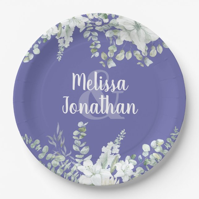 Romantic watercolor floral white flowers wedding paper plate (Front)