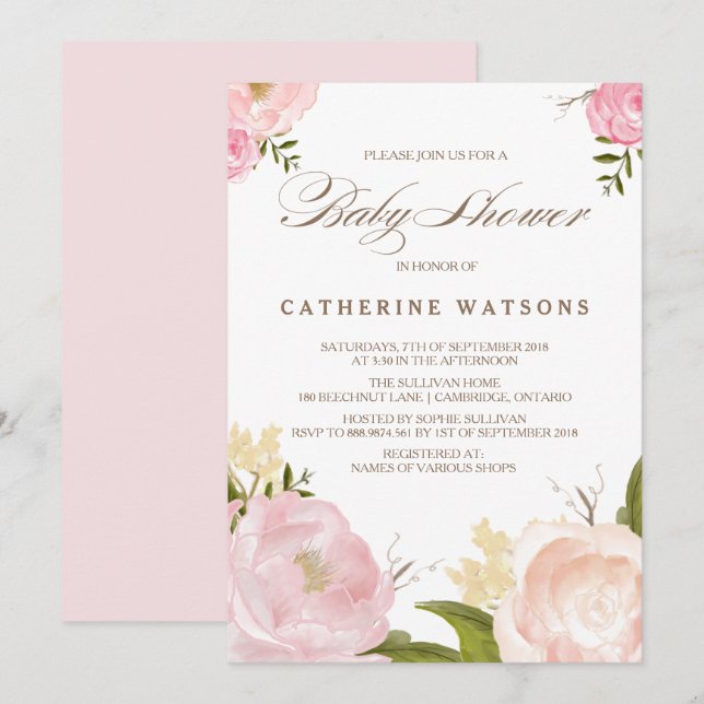 Romantic Watercolor Flowers Baby Shower Invitation (Front/Back)
