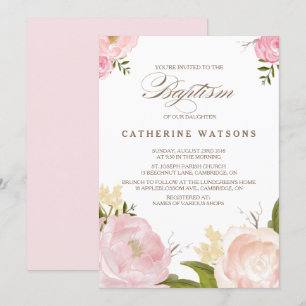 Romantic Watercolor Flowers Baptism Invitation