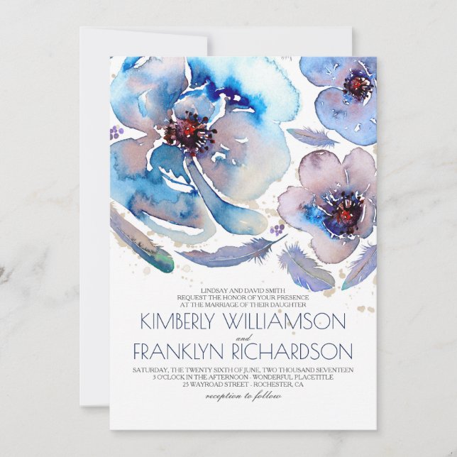 Romantic Watercolor Flowers Blue Boho Wedding Invitation (Front)