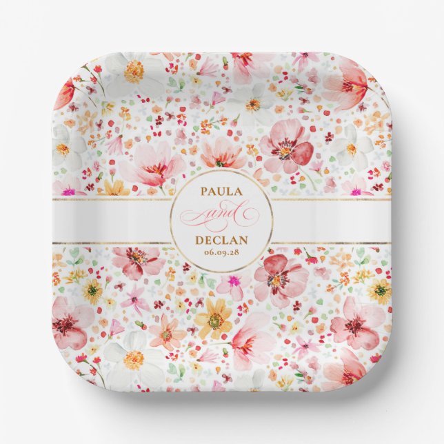 Romantic Watercolor Flowers Boho Garden Wedding Paper Plate (Front)