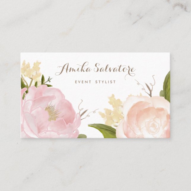 Romantic Watercolor Flowers Business Card (Front)