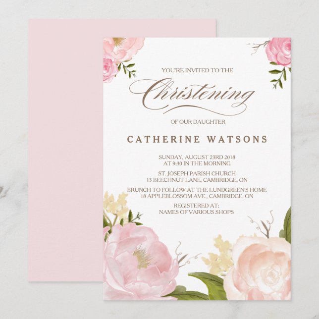 Romantic Watercolor Flowers Christening Invitation (Front/Back)