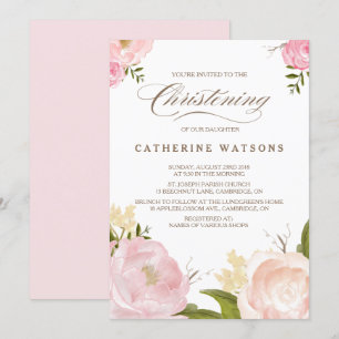 Romantic Watercolor Flowers Christening Invitation