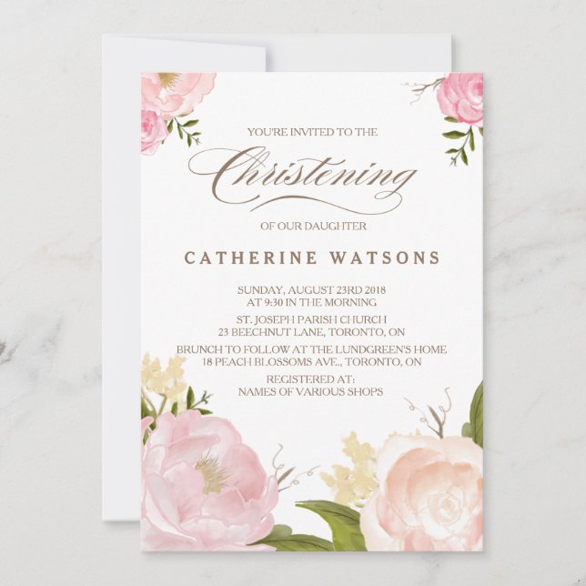 Romantic Watercolor Flowers Christening Photo Invitation (Front)