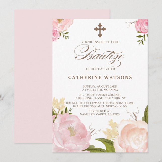 Romantic Watercolor Flowers & Cross Bautizo Invitation (Front/Back)