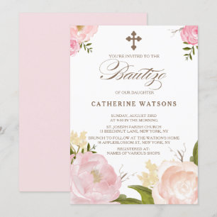 Romantic Watercolor Flowers & Cross Bautizo Invitation