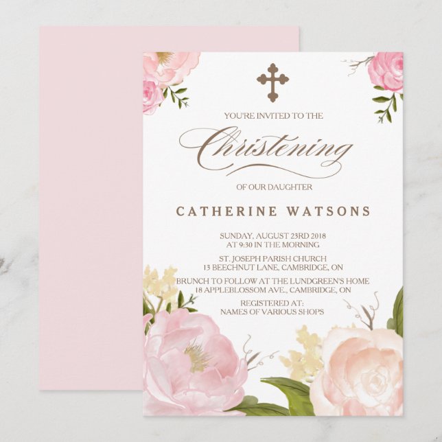 Romantic Watercolor Flowers & Cross Christening Invitation (Front/Back)