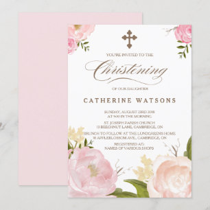 Romantic Watercolor Flowers & Cross Christening Invitation