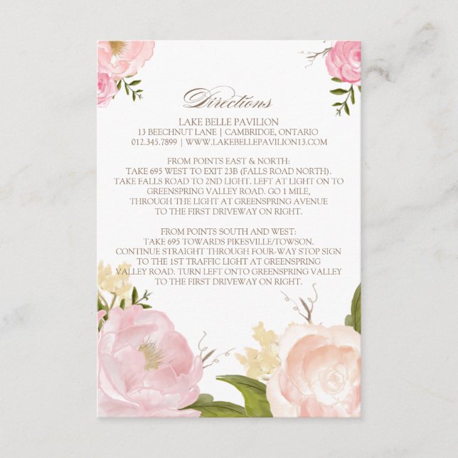 Romantic Watercolor Flowers Directions Card (Front)