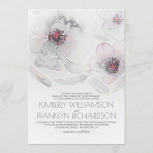 Romantic Watercolor Flowers Grey and Pink Wedding Invitation