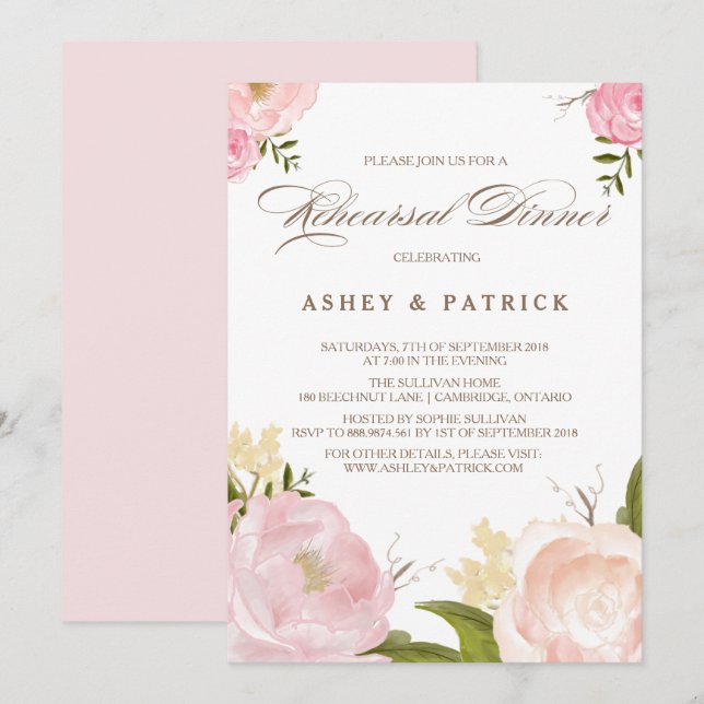 Romantic Watercolor Flowers Rehearsal Dinner Invitation (Front/Back)
