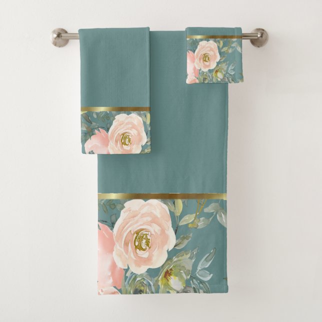Romantic Watercolor Flowers Roses Bath Towel Set (Insitu)