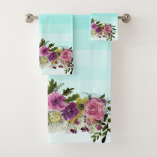 Romantic ,Watercolor Flowers,Striped Bath Towel Set