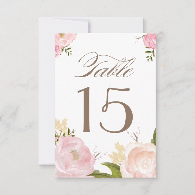 Romantic Watercolor Flowers Table Numbers Card (Front)