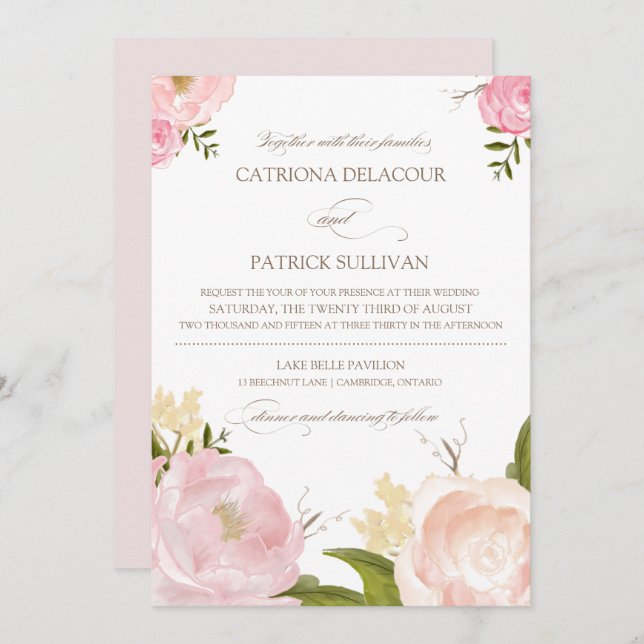 Romantic Watercolor Flowers Wedding Invitation (Front/Back)