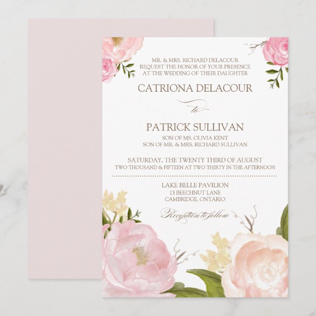 Romantic Watercolor Flowers Wedding Invitation IV (Front/Back)