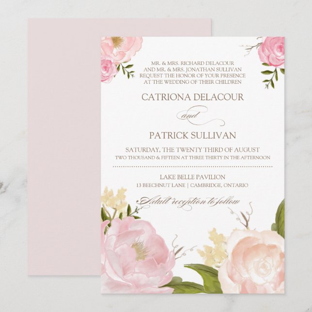Romantic Watercolor Flowers Wedding Invitation V (Front/Back)