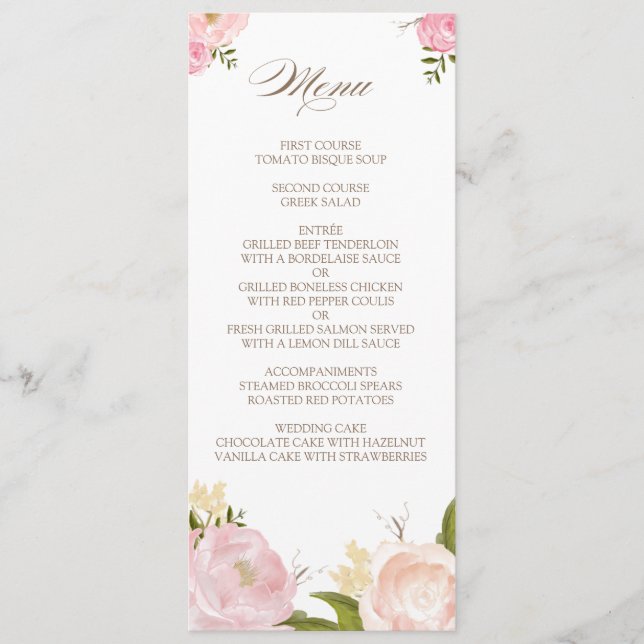 Romantic Watercolor Flowers Wedding Menu Card (Front)