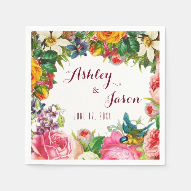 Romantic Watercolor Flowers Wedding Napkin (Front)