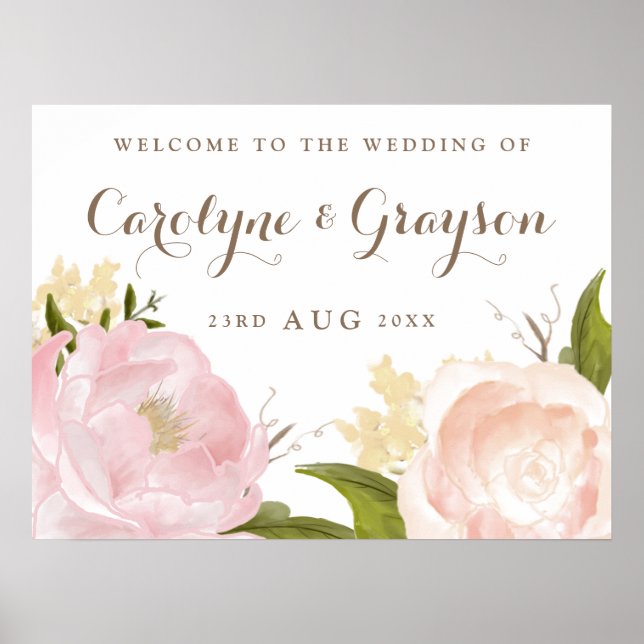 Romantic Watercolor Flowers Wedding Welcome Sign (Front)