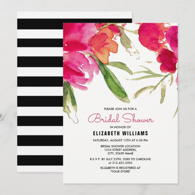 Romantic Watercolor Fuchsia Floral Bridal Shower Invitation (Front/Back)