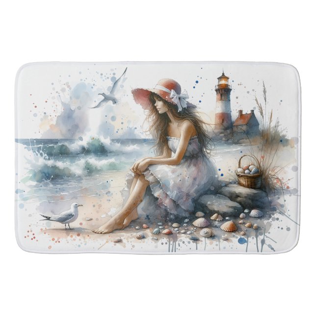Romantic Watercolor Girl by Lighthouse Bath Mat (Front)