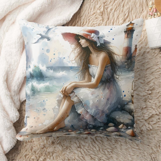 Romantic Watercolor Girl by Lighthouse Cushion (Blanket)