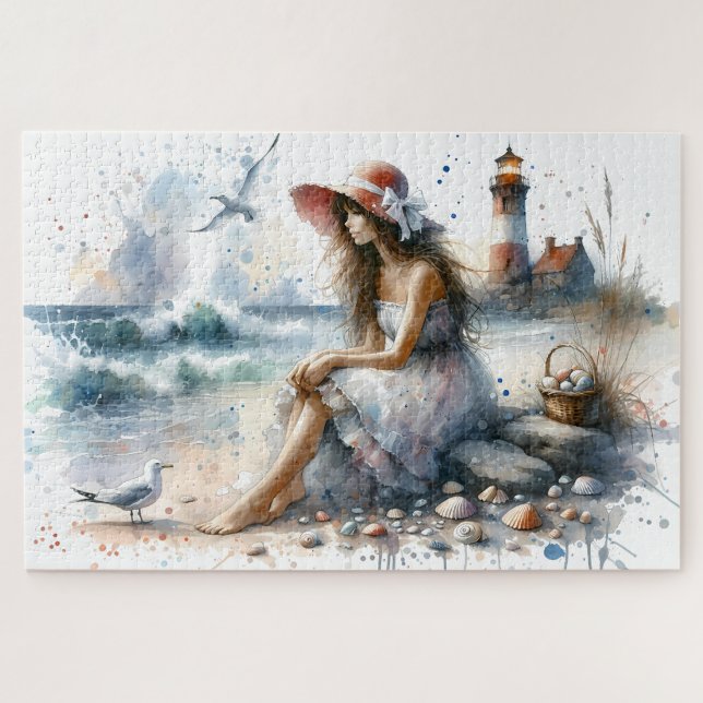 Romantic Watercolor Girl by Lighthouse Jigsaw Puzzle (Horizontal)