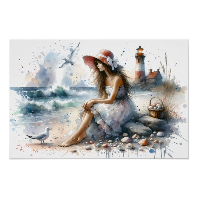 Romantic Watercolor Girl by Lighthouse Poster (Front)