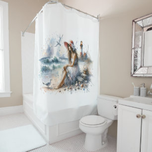 Romantic Watercolor Girl by Lighthouse Shower Curtain
