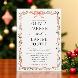 Romantic Watercolor Greenery Red Bow Wedding Invitation