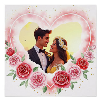 Romantic Watercolor Heart with Gold Sparkles Poster